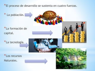 *El proceso de desarrollo se sustenta en cuatro fuerzas.
* La población.
*La formación de
capital.
*La tecnología.
*Los recursos
Naturales.
 