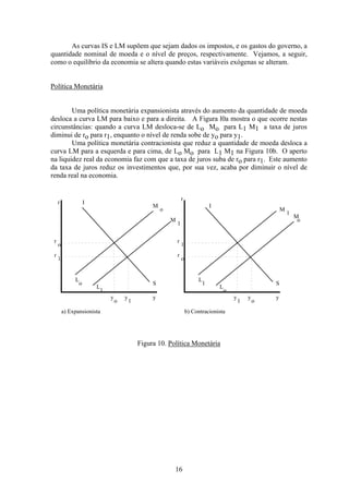 16
As curvas IS e LM supõem que sejam dados os impostos, e os gastos do governo, a
quantidade nominal de moeda e o nível de preços, respectivamente. Vejamos, a seguir,
como o equilíbrio da economia se altera quando estas variáveis exógenas se alteram.
Política Monetária
Uma política monetária expansionista através do aumento da quantidade de moeda
desloca a curva LM para baixo e para a direita. A Figura l0a mostra o que ocorre nestas
circunstâncias: quando a curva LM desloca-se de Lo Mo para L1 M1 a taxa de juros
diminui de ro para r1, enquanto o nível de renda sobe de yo para y1.
Uma política monetária contracionista que reduz a quantidade de moeda desloca a
curva LM para a esquerda e para cima, de Lo Mo para L1 M1 na Figura 10b. O aperto
na liquidez real da economia faz com que a taxa de juros suba de ro para r1. Este aumento
da taxa de juros reduz os investimentos que, por sua vez, acaba por diminuir o nível de
renda real na economia.
rr r
y
I
M
o
r
o
r
M
1
S
L
o
L
1
y
o
y
1
1
r
r
o
r
1
I
S
y
o
y
1
y
L
o
L
1
M
o
M
1
a) Expansionista b) Contracionista
Figura 10. Política Monetária
 