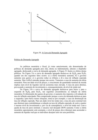 37
P
D
D
P
o
P
1
y
o
y
1
y
Figura 30. A Curva de Demanda Agregada
Política de Demanda Agregada
As políticas monetária e fiscal, já vistas anteriormente, são denominadas de
políticas de demanda agregada pois elas, direta ou indiretamente, alteram o dispêndio
agregado, deslocando a curva de demanda agregada. A Figura 31 ilustra os efeitos destas
políticas. Na Figura 31a a curva de demanda agregada desloca-se de DoDo para D1D1
quando um dos seguintes fatos ocorre: a) a oferta monetária aumenta; b) o governo
aumenta seus gastos: c) o governo reduz os tributos e d) a taxa de inflação esperada
aumenta. Não é difícil entender porque isto ocorre. Tomemos o caso do aumento da oferta
monetária. Para um dado nível de preços, o crescimento da quantidade nominal de moeda
implica num nível de liquidez real da economia mais elevada. A taxa de juros diminui,
provocando o aumento do investimento e, consequentemente, do nível de renda real.
Na Figura 31b a curva de demanda agregada desloca-se para baixo e para a
esquerda de DoDo para D1D1, nas seguintes circunstâncias: a) redução da oferta
monetária; b) diminuição dos gastos do governo; c) aumento dos impostos e d) redução da
taxa de inflação antecipada. Para compreender porque a curva de demanda desloca-se para
a esquerda e para baixo nestas situações, tome-se por exemplo, o caso da diminuição da
taxa de inflação esperada. Para um dado nível de renda real, a taxa de juros nominal tem
que diminuir para contrabalançar a redução na taxa de inflação esperada, de sorte a manter
o mesmo nível de investimento e, por via de conseqüência, o nível de renda real. Com a
queda da taxa de juros nominal, o encaixe real desejado (M/P) aumenta. Como a oferta
monetária supostamente está constante, o nível de preços deve diminuir para acomodar o
aumento de liquidez real que os indivíduos desejam reter em seus portfolios.
 