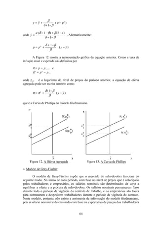 64
y y p pe
= +
+ −
−
β
δ β1
( )
onde y
a b c
=
+ − + −
+ −
( ) ( )δ β β
δ β
1
1
. Alternativamente:
p p y ye
= +
+ −
−
δ β
β
1
( )
A Figura 12 mostra a representação gráfica da equação anterior. Como a taxa de
inflação atual e esperada são definidas por
π = − −p p e1 ,
πe e
p p= − −1
onde p-1 é o logaritmo do nível de preços do período anterior, a equação de oferta
agregada pode ser escrita também como:
π π
δ β
β
= +
+ −
−e
y y
1
( )
que é a Curva de Phillips do modelo friedmaniano.
P
P
e
1
p
e
o
S
S(p
( p
1
e
)
e
o
)
_
y y
π
π
π
e
1
e
o
S( π
π
e
1
)
S(
e
o
)
_
y y
Figura 12. A Oferta Agregada Figura 13. A Curva de Phillips
4. Modelo de Gray-Fischer
O modelo de Gray-Fischer supõe que o mercado de mão-de-obra funciona do
seguinte modo. No início de cada período, com base no nível de preços que é antecipado
pelos trabalhadores e empresários, os salários nominais são determinados de sorte a
equilibrar a oferta e a procura de mão-de-obra. Os salários nominais permanecem fixos
durante todo o período de vigência do contrato de trabalho, e os empresários são livres
para contratarem e despedirem trabalhadores durante o período de vigência do contrato.
Neste modelo, portanto, não existe a assimetria de informação do modelo friedmaniano,
pois o salário nominal é determinado com base na expectativa de preços dos trabalhadores
 