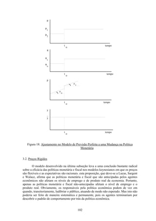 102
µ
µ
µ
2
1
π
π
1
π
ο
t
o
tempo
t
o
tempo
µ
ο
µ
1
tempot
o
p
tempot
o
y
y
_
Figura 18. Ajustamento no Modelo de Previsão Perfeita a uma Mudança na Política
Monetária
3.2. Preços Rígidos
O modelo desenvolvido na última subseção leva a uma conclusão bastante radical
sobre a eficácia das políticas monetária e fiscal nos modelos keynesianos em que os preços
são flexíveis e as expectativas são racionais. esta proposição, que deve-se a Lucas, Sargent
e Walace, afirma que as políticas monetária e fiscal que são antecipadas pelos agentes
econômicos não afetam os níveis de emprego e de produto real da economia. Portanto,
apenas as políticas monetária e fiscal não-antecipadas afetam o nível de emprego e o
produto real. Obviamente, os responsáveis pela política econômica podem de vez em
quando, transitoriamente, ludibriar o público, atuando de modo não esperado. Mas isto não
poderia ser feito de maneira sistemática e permanente, pois os agentes terminariam por
descobrir o padrão de comportamento por trás da política econômica.
 