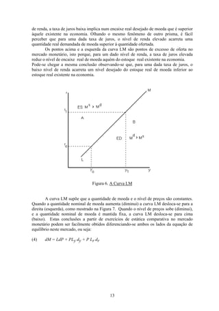 13
de renda, a taxa de juros baixa implica num encaixe real desejado de moeda que é superior
àquele existente na economia. Olhando o mesmo fenômeno de outro prisma, é fácil
perceber que para uma dada taxa de juros, o nível de renda elevado acarreta uma
quantidade real demandada de moeda superior à quantidade ofertada.
Os pontos acima e a esquerda da curva LM são pontos de excesso de oferta no
mercado monetário, isto porque, para um dado nível de renda, a taxa de juros elevada
reduz o nível de encaixe real de moeda aquém do estoque real existente na economia.
Pode-se chegar a mesma conclusão observando-se que, para uma dada taxa de juros, o
baixo nível de renda acarreta um nível desejado do estoque real de moeda inferior ao
estoque real existente na economia.
Figura 6. A Curva LM
A curva LM supõe que a quantidade de moeda e o nível de preços são constantes.
Quando a quantidade nominal de moeda aumenta (diminui) a curva LM desloca-se para a
direita (esquerda), como mostrado na Figura 7. Quando o nível de preços sobe (diminui),
e a quantidade nominal de moeda é mantida fixa, a curva LM desloca-se para cima
(baixo). Estas conclusões a partir de exercícios de estática comparativa no mercado
monetário podem ser facilmente obtidos diferenciando-se ambos os lados da equação de
equilíbrio neste mercado, ou seja:
(4) dM = LdP + PLy dy + P Lr dr
 