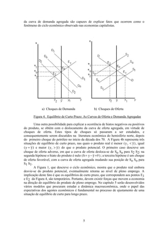 5
da curva de demanda agregada são capazes de explicar fatos que ocorrem como o
fenômeno do ciclo econômico observado nas economias capitalistas.
a) Choques de Demanda b) Choques de Oferta
Figura 4. Equilíbrio de Curto Prazo: As Curvas de Oferta e Demanda Agregadas
Uma outra possibilidade para explicar a ocorrência de hiatos negativos ou positivos
do produto, se obtém com o deslocamento da curva de oferta agregada, em virtude de
choques de oferta. Estes tipos de choques só passaram a ser estudados, e
consequentemente serem discutidos na literatura econômica do hemisfério norte, depois
do primeiro choque do petróleo no início da década dos 70. A Figura 4b representa três
situações de equilíbrio de curto prazo, nas quais o produto real é menor ( )y y2 < , igual
( )y y= e maior ( )y y1 > do que o produto potencial. O primeiro caso descreve um
choque de oferta adverso, em que a curva de oferta desloca-se de So So para S2 S2; na
segunda hipótese o hiato do produto é nulo ( )h y y= − =0 ; a terceira hipótese é um choque
de oferta favorável, com a curva de oferta agregada mudando sua posição de So So para
S1 S1.
A Figura 1, que descreve o ciclo econômico, mostra que o produto real embora
desvie-se do produto potencial, eventualmente retorna ao nível de pleno emprego. A
implicação deste fato é que os equilíbrios de curto prazo, que correspondem aos pontos E1
e E2 da Figura 4, são temporários. Portanto, devem existir forças que movem a economia
na direção do equilíbrio do produto de pleno emprego. No capítulo 5 serão desenvolvidos
vários modelos que procuram estudar a dinâmica macroeconômica, onde o papel das
expectativas dos agentes econômicos é fundamental no processo de ajustamento de uma
situação de equilíbrio de curto para longo prazo.
 