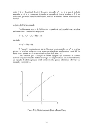 72
onde pe é o ( logaritmo) do nível de preços esperado, pe - p-1 é a taxa de inflação
esperada, y y− é o excesso de demanda no mercado de bens e serviços, e β é um
coeficiente que mede como as condições no mercado de trabalho afetam a evolução dos
salários.
A Curva de Oferta Agregada
Combinando-se a curva de Phillips com a equação de mark-up obtém-se a seguinte
expressão para a curva de oferta agregada:
p p p p y ye
− = − + −− −1 1 β ( )
ou ainda:
p p y ye
= + −β ( )
A Figura 21 representa esta curva. No curto prazo, quando p ≠ pe, o nível de
preços e o nível de renda movem-se na mesma direção de acordo com a curva SS. No
longo prazo, quando p = pe, a curva de oferta é vertical, pois y y= .
Cabe salientar que a equação de oferta agregada que acabamos de derivar,
supondo-se que os mercados de bens e serviços são oligopolísticos, tem o mesmo formato
da equação de oferta agregada obtida anteriormente, quando admitimos a hipótese de
mercados competitivos.
Figura 21.A Oferta Agregada: Curto x Longo Prazo
 