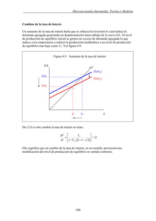 . Macroeconomía Intermedia: Teorías y Modelos
Cambios de la tasa de interés
Un aumento de la tasa de interés haría que se reduzca la inversión lo cual reduce la
demanda agregada generando un desplazamiento hacia debajo de la curva DA. Al nivel
de producción de equilibrio inicial se genera un exceso de demanda agregada lo que
induce a los empresarios a reducir la producción tendiéndose a un nivel de producción
de equilibrio mas bajo como Y2. Ver figura 4.9.
Figura 4.9 Aumento de la tasa de interés
DA
450
De (13) si solo cambia la tasa de interés se tiene:
( )⎥
⎦
⎤
⎢
⎣
⎡
−−−
=
)11 fC
I
di
dY
Yd
r
τ
< 0
Ello significa que un cambio de la tasa de interés, en un sentido, provocará una
modificación del nivel de producción de equilibrio en sentido contrario.
Y2 Y1 Y
DA1
DA(i2)
DA(i1)
1
DA2
2
100
 