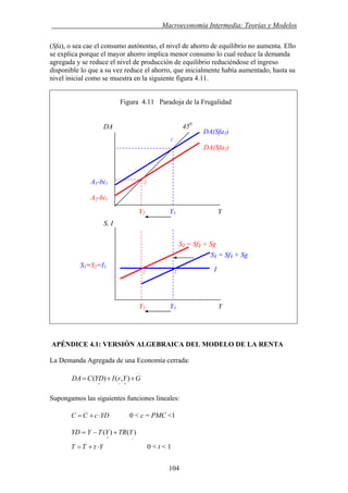 . Macroeconomía Intermedia: Teorías y Modelos
(Sfa), o sea cae el consumo autónomo, el nivel de ahorro de equilibrio no aumenta. Ello
se explica porque el mayor ahorro implica menor consumo lo cual reduce la demanda
agregada y se reduce el nivel de producción de equilibrio reduciéndose el ingreso
disponible lo que a su vez reduce el ahorro, que inicialmente había aumentado, hasta su
nivel inicial como se muestra en la siguiente figura 4.11.
Figura 4.11 Paradoja de la Frugalidad
APÉNDICE 4.1: VERSIÓN ALGEBRAICA DEL MODELO DE LA RENTA
La Demanda Agregada de una Economía cerrada:
GYrIYDCDA ++=
+−+
),()(
Supongamos las siguientes funciones lineales:
YDcCC ⋅+= 0 < c = PMC <1
−+
+−= )()( YTRYTYYD
YTT ⋅+= τ 0 < t < 1
Y2 Y1 Y
Y2 Y1 Y
1
S1 = Sf1 + Sg
I
S, I
2
S2 = Sf2 + Sg
S1=S2=I1
DA(Sfa1)
450
DA
1
DA(Sfa2)
2A1-bi1
A2-bi1
104
 