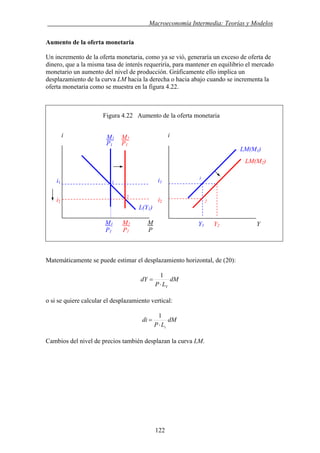 . Macroeconomía Intermedia: Teorías y Modelos
Aumento de la oferta monetaria
Un incremento de la oferta monetaria, como ya se vió, generaría un exceso de oferta de
dinero, que a la misma tasa de interés requeriría, para mantener en equilibrio el mercado
monetario un aumento del nivel de producción. Gráficamente ello implica un
desplazamiento de la curva LM hacia la derecha o hacia abajo cuando se incrementa la
oferta monetaria como se muestra en la figura 4.22.
Figura 4.22 Aumento de la oferta monetaria
i iM
Matemáticamente se puede estimar el desplazamiento horizontal, de (20):
dM
LP
dY
Y⋅
=
1
o si se quiere calcular el desplazamiento vertical:
dM
LP
di
i⋅
=
1
Cambios del nivel de precios también desplazan la curva LM.
i2
L(Y1)
1 M2
P1 P1
i1
LM(M1)
LM(M2)
1
M1 M2 M Y1 Y2 Y
P1 P1 P
2
1
2
i1
i2
122
 