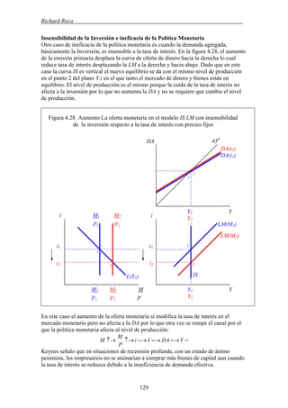 Richard Roca .
Insensibilidad de la Inversión e ineficacia de la Política Monetaria
Otro caso de ineficacia de la política monetaria es cuando la demanda agregada,
básicamente la Inversión, es insensible a la tasa de interés. En la figura 4.28, el aumento
de la emisión primaria desplaza la curva de oferta de dinero hacia la derecha lo cual
reduce tasa de interés desplazando la LM a la derecha y hacia abajo. Dado que en este
caso la curva IS es vertical el nuevo equilibrio se da con el mismo nivel de producción
en el punto 2 del plano Y,i en el que tanto el mercado de dinero y bienes están en
equilibrio. El nivel de producción es el mismo porque la caída de la tasa de interés no
afecta a la inversión por lo que no aumenta la DA y no se requiere que cambie el nivel
de producción.
Figura 4.28 Aumento La oferta monetaria en el modelo IS LM con insensibilidad
de la inversión respecto a la tasa de interés con precios fijos
En este caso el aumento de la oferta monetaria si modifica la tasa de interés en el
mercado monetario pero no afecta a la DA por lo que otra vez se rompe el canal por el
que la política monetaria afecta al nivel de producción:
==→=→=→↑→↑→ YDAIi
P
M
M
Keynes señalo que en situaciones de recensión profunda, con un estado de ánimo
pesimista, los empresarios no se animarían a comprar más bienes de capital aun cuando
la tasa de interés se reduzca debido a la insuficiencia de demanda efectiva.
i1i1
i2i2
1
2
P1 P1
Y1 Y
Y2
LM(M2)
DA 450
i
IS
Y1 Y
Y2
DA(i2)
DA(i1)
1
2
M
LM(M1)
i
M1 M2 M
L(Y1)
2
1
P1 P1 P
1 M2
129
 