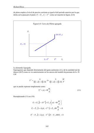 Richard Roca .
de pleno empleo el nivel de precios corriente es igual al del periodo anterior por lo que
dicha curva pasa por el punto como ser muestra la figura. (6.4)P
ttt YYPP == − ,1
Figura 6.4 Curva de Oferta agregada
Pt
OA (Pt-1)
Pt-1=Pt
Yt=YP
Ym
Yt
La demanda Agregada.
Supongamos que depende directamente del gasto autónomo (A) y de la cantidad real de
dinero (M/P) como se vio anteriormente en los anexos del modelo keynesiano de la IS-
LM:
( )[ ] ( )[ ] P
M
bkch
b
A
bkch
h
Y d
+−−
+
+−−
=
ττ 1111
que se puede expresar simplemente como:
t
t
t
d
t
P
M
AY Φ+=γ (11)
Reemplazando (11) en (10):
[ ] ⎟⎟
⎠
⎞
⎜⎜
⎝
⎛
Φ++−= −−
t
t
tt
P
tt
P
M
APYPP γλλ 11 1
{ } 0)(1 11 =Φ−−+− −−
t
t
t
P
ttt
P
M
PYAPP λγλ
{ } 0)(1 11
2
=Φ−−+− −− ttt
P
ttt MPPYAPP λγλ
165
 