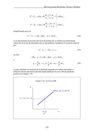 . Macroeconomía Intermedia: Teorías y Modelos
1
1
1
1 1
1
1
+
−
−
− Δ+⎟⎟
⎠
⎞
⎜⎜
⎝
⎛
−
+
+
Φ+Δ=− t
t
t
t
t
tt
d
t b
p
m
P
M
AYY πγγ
1
1
1
1
1
+
−
−
− Δ+⎟⎟
⎠
⎞
⎜⎜
⎝
⎛
+
−
Φ+Δ=− t
t
tt
t
t
tt
d
t b
p
pm
P
M
AYY πγγ
Simplificando otra vez:
11 )( +− +−+=− ttttt
d
t bpmAYY πΔγφΔγ (36)
A un determinado incremento del nivel de producción se tendría una determinada
reducción de la tasa de desempleo por lo que podemos reemplazar la ecuación anterior
por:
)( 11 −− −−=− ttt
d
t uuYY δ (37)
en (36):
( ) 11 )( +− +−+=−− tttttt bpmAuu πΔγφΔγδ
o:
( ) 11 +− +++−= tttttt
b
mAuup πΔ
φ
γ
Δ
φ
γ
φ
δ
(38)
Lo que constituye la ecuación de la demanda agregada en el plano desempleo e
inflación efectiva del mismo periodo representada por la curva DD de pendiente
positiva en la figura 7.10
Figura 7.10. La Curva DD
p
DD(m1,ΔA=0, Δπ=0)
1
p1 =π1= m1 =π0
u0=u1 u
uP
192
 