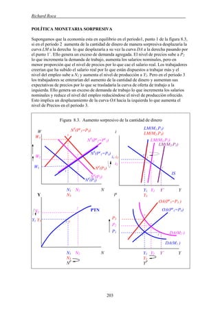 Richard Roca .
POLÍTICA MONETARIA SORPRESIVA
Supongamos que la economía esta en equilibrio en el periodo1, punto 1 de la figura 8.3,
si en el periodo 2 aumenta de la cantidad de dinero de manera sorpresiva desplazaría la
curva LM a la derecha lo que desplazaría a su vez la curva DA a la derecha pasando por
el punto 1´. Ello genera un exceso de demanda agregada. El nivel de precios sube a P2
lo que incrementa la demanda de trabajo, aumenta los salarios nominales, pero en
menor proporción que el nivel de precios por lo que cae el salario real. Los trabajadores
creerían que ha subido el salario real por lo que están dispuestos a trabajar más y el
nivel del empleo sube a N2 y aumenta el nivel de producción a Y2. Pero en el periodo 3
los trabajadores se enterarían del aumento de la cantidad de dinero y aumentan sus
expectativas de precios por lo que se trasladaría la curva de oferta de trabajo a la
izquierda. Ello genera un exceso de demanda de trabajo lo que incrementa los salarios
nominales y reduce el nivel del empleo reduciéndose el nivel de producción ofrecido.
Esto implica un desplazamiento de la curva OA hacia la izquierda lo que aumenta el
nivel de Precios en el periodo 3.
Figura 8.3. Aumento sorpresivo de la cantidad de dinero
LM(M1,P1)NS
(Pe
3=P3) i
Y1 Y2 Y´ Y
Y3
NS
(Pe
1=P1)
NS
(Pe
2=Pe
1)
OA(Pe
1=P1)
N1 N2 N
N3
NP
Y1 Y2 Y´ Y
Y3
YP
LM(M2,P2)
Y2
Y1 Y3
Nd
(P3)
P2
Nd
(P2)
OA(Pe
3=P3 )
P3
P1
PTN
P
1
IS
DA(M2 )
DA(M1 )
N1 N2 N
N3
3
1 3
1 1´
2
2
W3
W LM(M2,P3)3
Nd
(P1)
W1
W2
Y
LM(M2,P1)
i1 i3
i2
2 1
3
2
1´
203
 