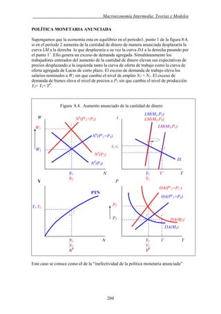 . Macroeconomía Intermedia: Teorías y Modelos
POLÍTICA MONETARIA ANUNCIADA
Supongamos que la economía esta en equilibrio en el periodo1, punto 1 de la figura 8.4,
si en el periodo 2 aumenta de la cantidad de dinero de manera anunciada desplazaría la
curva LM a la derecha lo que desplazaría a su vez la curva DA a la derecha pasando por
el punto 1´. Ello genera un exceso de demanda agregada. Simultáneamente los
trabajadores enterados del aumento de la cantidad de dinero elevan sus expectativas de
precios desplazando a la izquierda tanto la curva de oferta de trabajo como la curva de
oferta agregada de Lucas de corto plazo. El exceso de demanda de trabajo eleva los
salarios nominales a W2 sin que cambie el nivel de empleo N2 = N1. El exceso de
demanda de bienes eleva el nivel de precios a P2 sin que cambie el nivel de producción
Y2= Y1= YP
.
Figura 8.4. Aumento anunciado de la cantidad de dinero
LM(M1,P1)
iW
Este caso se conoce como el de la “inefectividad de la política monetaria anunciada”
1
2
1 1´
Nd
(P1)
NS
(Pe
2=P2)
N1 N
N2
NP
PTN
Y1 Y2
Y
Y1 Y´ Y
Y2
YP
i1 i2
OA(Pe
1=P1)
Nd
(P2)
OA(Pe
2=P2 )
P2
P1
P
Y1 Y´ Y
Y2
1
IS
DA(M2)
DA(M1)
N1 N
N2
2
W2
W1
NS
(Pe
1=P1)
LM(M2,P2)
2
LM(M2,P1)
1
2
1´
204
 