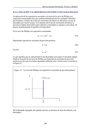 . Macroeconomía Intermedia: Teorías y Modelos
8.3 LA INFLACIÓN Y EL DESEMPLEO CON EXPECTATIVAS RACIONALES
La aplicación de las expectativas racionales a la teoría de la curva de Phillips con
expectativas aumentadas hizo que cambiara dramáticamente los resultados obtenidos
por Friedman. Cambios de la tasa de crecimiento del dinero no afectarían a la tasa de
desempleo por mucho tiempo. Si el aumento de la tasa de crecimiento del dinero es
previsto no habría intercambio entre inflación y desempleo ni siquiera a corto plazo. Se
pasaría inmediatamente al equilibrio de largo plazo.
En la curva de Phillips con expectativa aumentadas:
)( t
P
tt uup −+= επ (19)
Suponiendo expectativas racionales de previsión perfecta:
tt p≡π (20)
En (19):
P
t uu = (21)
Lo que significa que en cada periodo la tasa desempleo sería igual a la de pleno empleo.
Dicha la ecuación de la Curva de Phillips con Expectativas racionales de previsión
perfecta nos dice que en el plano desempleo inflación seria vertical como se muestra en
la figura 8.7.
Figura 8.7. La Curva de Phillips con expectativas racionales de previsión perfecta
p
CP(π1=p1)
De la Demanda Agregada, del capitulo anterior, en términos de tasas de inflación y de
desempleo:
p1=π1
u1 u
uP
1
208
 
