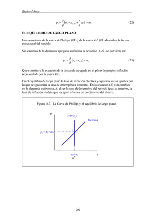 Richard Roca .
( ) ttttt mAuup +Δ+−= −
φ
γ
φ
δ
1 (22)
EL EQUILIBRIO DE LARGO PLAZO
Las ecuaciones de la curva de Phillips (21) y de la curva DD (22) describen la forma
estructural del modelo.
Sin cambios de la demanda agregada autónoma la ecuación (8.22) se convierte en:
( ) tttt muup +−= −1
φ
δ
(23)
Que constituye la ecuación de la demanda agregada en el plano desempleo inflación
representada por la curva DD.
En el equilibrio de largo plazo la tasa de inflación efectiva y esperada serian iguales por
lo que se igualarían la tasa de desempleo a la natural. En la ecuación (23) sin cambios
en la demanda autónoma, A, al ser la tasa de desempleo del periodo igual al anterior, la
tasa de inflación tendría que ser igual a la tasa de crecimiento del dinero.
Figura 8.7. La Curva de Phillips y el equilibrio de largo plazo
p
CP(π1)
p1=π1=m1
1
DD(m1)
u0=u1 u
uP
209
 