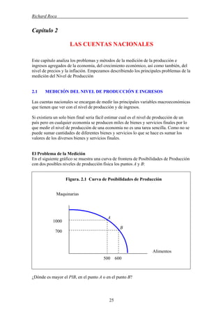 Richard Roca .
Capítulo 2
LAS CUENTAS NACIONALES
Este capítulo analiza los problemas y métodos de la medición de la producción e
ingresos agregados de la economía, del crecimiento económico, así como también, del
nivel de precios y la inflación. Empezamos describiendo los principales problemas de la
medición del Nivel de Producción
2.1 MEDICIÓN DEL NIVEL DE PRODUCCIÓN E INGRESOS
Las cuentas nacionales se encargan de medir las principales variables macroeconómicas
que tienen que ver con el nivel de producción y de ingresos.
Si existiera un solo bien final seria fácil estimar cual es el nivel de producción de un
país pero en cualquier economía se producen miles de bienes y servicios finales por lo
que medir el nivel de producción de una economía no es una tarea sencilla. Como no se
puede sumar cantidades de diferentes bienes y servicios lo que se hace es sumar los
valores de los diversos bienes y servicios finales.
El Problema de la Medición
En el siguiente gráfico se muestra una curva de frontera de Posibilidades de Producción
con dos posibles niveles de producción física los puntos A y B:
Figura. 2.1 Curva de Posibilidades de Producción
Maquinarias
A
1000
B
700
Alimentos
500 600
¿Dónde es mayor el PIB, en el punto A o en el punto B?
25
 