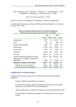 . Macroeconomía Intermedia: Teorías y Modelos
PIB = PIB agropecuario + PIB pesca + PIB minería + PIB manufactura + PIB
construcción + PIB comercio + PIB otros servicios + IPyDI
PIB = Valor Bruto Agregado + IPyDI
IPyDI es el valor de los Impuestos a los productos y derechos de importación.
La siguiente tabla muestra la estructura del PIB por el lado del producto o la oferta de
los años 1994 y 2003.
Tabla 2.2 Producto Bruto Interno Por Sectores Productivos
(Millones de nuevos soles a precios de 1994 y % del PIB)
1994 2006
Mill S/ %PIB Mill S/ %PIB
Agropecuario 7,487 7.6 13,344 8.3
Pesca 713 0.7 808 0.5
Minería e hidrocarburos 4,606 4.7 9,849 6.1
Manufactura 15,748 16.0 27,470 17.1
Construcción 5,497 5.6 8,348 5.2
Comercio 14,364 14.6 23,227 14.5
Servicios 40,558 41.1 61,736 38.5
VALOR AGREGADO BRUTO (VAB) 88,974 90.3 144,782 90.3
Impuestos a los productos y derechos de
importación 9,604 9.7 15,600 9.7
PRODUCTO BRUTO INTERNO 98,577 160,383100.0 100.0
VAB de los sectores primarios 16,387 16.6 28,928 18.0
VAB de los sectores no primarios 72,587 73.6 115,855 72.2
Complicaciones en el lado del Ingreso
El ingreso que se calcula es el nacional no el doméstico teniéndose los siguientes
problemas.
No todo el PIB esta disponible para el consumo
Los impuestos indirectos reducen los ingresos que se generan en la actividad
productiva y que recibirán los factores de producción
Algunos ingresos no se reciben en el periodo en el que la producción tiene lugar.
Parte del ingreso se retiene por impuestos en el momento en que este se paga o
se gasta
32
 