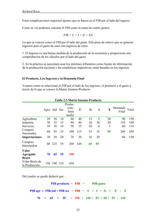 Richard Roca .
Estas complicaciones requieren ajustes que se hacen en el PIB por el lado del ingreso.
Como se vio podemos calcular el PIB como la suma de cuatro gastos:
PIB = C + I + G + XN
Lo que se conoce como el PIB por el lado del gasto. Ello pone de relieve que se generan
ingresos pues el gasto de unos son ingresos de otros.
1. El Ingreso es una buena medida de la producción de la economía y proporciona una
comprobación de los cálculos por el lado del gasto.
2. En la práctica se necesitara usar los informes tributarios como fuente de información
de la producción nacional y las estadísticas impositivas están basadas en los ingresos.
El Producto, Los Ingresos y la Demanda Final
Veamos como se relacionan el PIB por el lado de los ingresos, el producto y el gasto a
través de lo que se conoce la Matriz Insumo-Producto.
Tabla 2.3 Matriz Insumo Producto
Agro Ind Ser
Produc
ción
Inter
media
C G I X
Demanda
Final
Total
Agricultura 20 30 10 60 40 15 5 30 90 150
Industria 30 35 15 80 40 20 30 20 110 190
Servicios 10 30 10 50 35 20 0 5 60 110
Compras
Nacionales
5560 95 35 190 115 55 35 260 450
Importaciones 13020 30 20 70 30 10 20 60
Compras
Intermedias
145 65 5580 125 55 260
Valor
Agregado
Bruto
70 65 55 190
Valor Bruto de
la Producción
150 190 110 450
Del cuadro se puede deducir que:
PIB producto = PIB = PIB gasto
PIB agr + PIB ind + PIB ser = PIB = C + I + G + X - Z
70 + 65 + 55 = 190 = 145 + 55 + 65 + 55 - 130
33
 