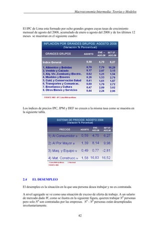 . Macroeconomía Intermedia: Teorías y Modelos
El IPC de Lima esta formado por ocho grandes grupos cuyas tasas de crecimiento
mensual de agosto del 2008, acumulado de enero a agosto del 2008 y de los últimos 12
meses se muestran en el siguiente cuadro:
Los índices de precios IPC, IPM y DEF no crecen a la misma tasa como se muestra en
la siguiente tabla.
2.4 EL DESEMPLEO
El desempleo es la situación en la que una persona desea trabajar y no es contratada.
A nivel agregado se ve como una situación de exceso de oferta de trabajo. A un salario
de mercado dado W, como se ilustra en la siguiente figura, quieren trabajar NS
personas
pero solo Nd
son contratadas por las empresas. NS
- Nd
personas están desempleadas
involuntariamente.
42
 