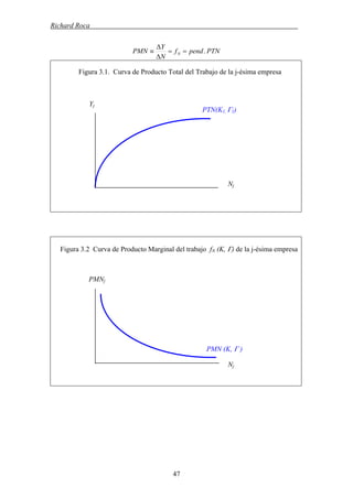 Richard Roca .
PTNpendf
N
Y
PMN N .==
Δ
Δ
≡
Figura 3.1. Curva de Producto Total del Trabajo de la j-ésima empresa
Yj
PTN(K1, Γ1)
Nj
Figura 3.2 Curva de Producto Marginal del trabajo fN (K, Γ) de la j-ésima empresa
PMNj
PMN (K, Γ )
Nj
47
 