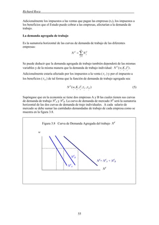 Richard Roca .
Adicionalmente los impuestos a las ventas que pagan las empresas (tV), los impuestos a
los beneficios que el Estado puede cobrar a las empresas, afectarían a la demanda de
trabajo.
La demanda agregada de trabajo
Es la sumatoria horizontal de las curvas de demanda de trabajo de las diferentes
empresas:
∑=
=
n
j
d
j
d
NN
1
Se puede deducir que la demanda agregada de trabajo también dependerá de las mismas
variables y de la misma manera que la demanda de trabajo individual: .),,(
++−
ΓKwN d
Adicionalmente estaría afectado por los impuestos a la venta ( Vτ ) y por el impuesto a
los beneficios ( Πτ ) de tal forma que la función de demanda de trabajo agregada sea:
),,,,(
−
Π
−++−
ττV
d
ΓKwN (5)
Supóngase que en la economía se tiene dos empresas A y B las cuales tienen sus curvas
de demanda de trabajo Nd
A y Nd
B. La curva de demanda de mercado Nd
será la sumatoria
horizontal de las dos curvas de demanda de trajo individuales. A cada salario de
mercado se debe sumar las cantidades demandadas de trabajo de cada empresa como se
muestra en la figura 3.8.
Figura 3.8 Curva de Demanda Agregada del trabajo Nd
w
Nd
Nd
= Nd
A + Nd
B
Nd
B
Nd
A
55
 