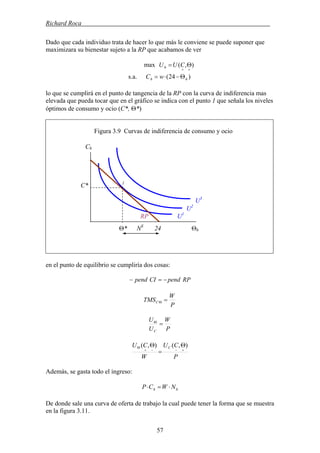 Richard Roca .
Dado que cada individuo trata de hacer lo que más le conviene se puede suponer que
maximizara su bienestar sujeto a la RP que acabamos de ver
max ),(
++
Θ= CUUh
)24( hh wC Θ−⋅=s.a.
lo que se cumplirá en el punto de tangencia de la RP con la curva de indiferencia mas
elevada que pueda tocar que en el gráfico se indica con el punto 1 que señala los niveles
óptimos de consumo y ocio (C*, Θ*)
Figura 3.9 Curvas de indiferencia de consumo y ocio
Ch
en el punto de equilibrio se cumpliría dos cosas:
RPpendCIpend −=−
P
W
TMSC =Θ
P
W
U
U
C
=Θ
P
CU
W
CU C ),(),(
+−−+
Θ Θ
=
Θ
Además, se gasta todo el ingreso:
hh NWCP ⋅=⋅
De donde sale una curva de oferta de trabajo la cual puede tener la forma que se muestra
en la figura 3.11.
Θ* NS
24 Θh
1
C*
U3
U2
U1
RP
57
 