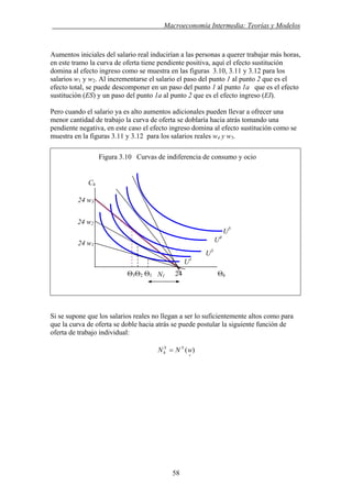 . Macroeconomía Intermedia: Teorías y Modelos
Aumentos iniciales del salario real inducirían a las personas a querer trabajar más horas,
en este tramo la curva de oferta tiene pendiente positiva, aquí el efecto sustitución
domina al efecto ingreso como se muestra en las figuras 3.10, 3.11 y 3.12 para los
salarios w1 y w2. Al incrementarse el salario el paso del punto 1 al punto 2 que es el
efecto total, se puede descomponer en un paso del punto 1 al punto 1a que es el efecto
sustitución (ES) y un paso del punto 1a al punto 2 que es el efecto ingreso (EI).
Pero cuando el salario ya es alto aumentos adicionales pueden llevar a ofrecer una
menor cantidad de trabajo la curva de oferta se doblaría hacia atrás tomando una
pendiente negativa, en este caso el efecto ingreso domina al efecto sustitución como se
muestra en la figuras 3.11 y 3.12 para los salarios reales w4 y w5.
Figura 3.10 Curvas de indiferencia de consumo y ocio
Si se supone que los salarios reales no llegan a ser lo suficientemente altos como para
que la curva de oferta se doble hacia atrás se puede postular la siguiente función de
oferta de trabajo individual:
)(
+
= wNN SS
h
Θ3Θ2 Θ1 24 ΘhN1
Ch
24 w3
24 w2
U4
U5
24 w1
U3
U1
58
 
