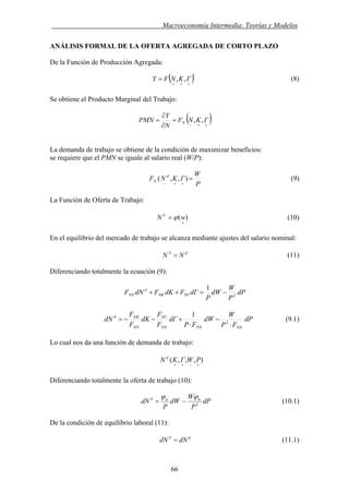 . Macroeconomía Intermedia: Teorías y Modelos
ANÁLISIS FORMAL DE LA OFERTA AGREGADA DE CORTO PLAZO
De la Función de Producción Agregada:
( )+++
= ΓKNFY ,, (8)
Se obtiene el Producto Marginal del Trabajo:
( )++−
=
∂
∂
= ΓKNF
N
Y
PMN N ,,
La demanda de trabajo se obtiene de la condición de maximizar beneficios:
se requiere que el PMN se iguale al salario real (W/P):
P
W
ΓKNF d
N =
++−
),,( (9)
La Función de Oferta de Trabajo:
)(
+
= wN S
ϕ (10)
En el equilibrio del mercado de trabajo se alcanza mediante ajustes del salario nominal:
(11)dS
NN =
Diferenciando totalmente la ecuación (9):
dP
P
W
dW
P
dΓFdKFdNF NNK
d
NN 2
1
−=++ Γ
dP
FP
W
dW
FP
dΓ
F
F
dK
F
F
dN
NNNNNN
NΓ
NN
NKd
⋅
−
⋅
+−−= 2
1
(9.1)
Lo cual nos da una función de demanda de trabajo:
),,,(
+−++
PWΓKN d
Diferenciando totalmente la oferta de trabajo (10):
dP
P
W
dW
P
dN wwS
2
ϕϕ
−= (10.1)
De la condición de equilibrio laboral (11):
(11.1)dS
dNdN =
66
 