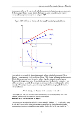 . Macroeconomía Intermedia: Teorías y Modelos
Un aumento del nivel de precios eleva la demanda nominal de dinero genera un exceso
de demanda por dinero lo que, dado k, haría que la gente demande menos bienes y
servicios finales como se muestra en la figura 3.19.
Figura 3.19 El Nivel de Precios y la Curva de Demanda Agregada Clásica
La pendiente negativa de la demanda agregada se basa principalmente en el Efecto
Riqueza y especialmente el Efecto Pigou (Pigou 1940) el cual señala que un incremento
del nivel de precios del nivel de precios reduce el poder adquisitivo de la riqueza
financiera de las personas como el valor de las acciones los depósitos bancarios y los
saldos monetarios. La caída de la riqueza en términos reales especialmente los saldos
reales (M/P) hace que la gente gaste menos y caiga la demanda agregada de bienes y
servicios finales.
P↑ ⇒ (M/P)↓ ⇒ Riqueza ↓ ⇒ Consumo ↓ ⇒ DA ↓
De acuerdo con esto el Consumo dependería no solo de la tasa de interés real sino
también del valor real de los saldos reales que mantiene.
Aumento de la oferta nominal de dinero
Un aumento de la cantidad nominal de dinero ofrecida, dados k y P, desplaza la curva
de oferta MS
hacia arriba generando un exceso de oferta de dinero induciendo a los
agentes a querer comprar más bienes y servicios finales al nivel de precios inicial P1.
Yd
2 Yd
1 Yd
Yd
2 Yd
1 Yd
P2
P1
2 1
M1 MS
1
M
Md
(P2)
Md
(P1)
2
1
DA
70
 