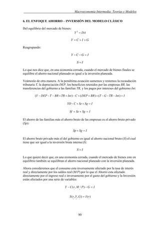 . Macroeconomía Intermedia: Teorías y Modelos
6. EL ENFOQUE AHORRO – INVERSIÓN DEL MODELO CLÁSICO
Del equilibrio del mercado de bienes:
DAY S
=
GICY ++=
Reagrupando:
IGCY =−−
IS =
Lo que nos dice que, en una economía cerrada, cuando el mercado de bienes finales se
equilibre el ahorro nacional planeado es igual a la inversión planeada.
Veámoslo de otra manera. A la penúltima ecuación sumemos y restemos la recaudación
tributaria T, la depreciación DEP, los beneficios retenidos por las empresas BR, las
transferencias del gobierno a las familias TR, y los pagos por intereses del gobierno Int:
IIntTRGTBRDEPCIntTRBRTDEPY =−−−+++−++−−− )()()(
ISgSeCYD =++−
ISgSeSf =++
El ahorro de las familias más el ahorro bruto de las empresas es el ahorro bruto privado
(Sp):
ISgSp =+
El ahorro bruto privado más el del gobierno es igual al ahorro nacional bruto (S) el cual
tiene que ser igual a la inversión bruta interna (I):
IS =
Lo que quiere decir que, en una economía cerrada, cuando el mercado de bienes este en
equilibrio también se equilibran el ahorro nacional planeado con la inversión planeada.
Ahora consideremos que el consumo esta inversamente afectado por la tasa de interés
real y directamente por los saldos real (M/P) por lo que el Ahorro esta afectado
directamente por el ingreso real e inversamente por el gasto del gobierno y la Inversión
están afectados por una serie de variables:
IGPMrCY =−−
+−
)/,(
)(),,(
−−++
= rIGYrS
80
 