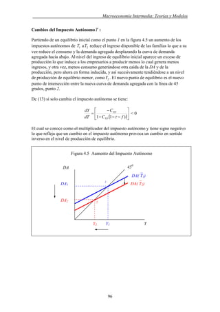 . Macroeconomía Intermedia: Teorías y Modelos
Cambios del Impuesto Autónomo :T
Partiendo de un equilibrio inicial como el punto 1 en la figura 4.5 un aumento de los
impuestos autónomos de 1T 2Ta reduce el ingreso disponible de las familias lo que a su
vez reduce el consumo y la demanda agregada desplazando la curva de demanda
agregada hacia abajo. Al nivel del ingreso de equilibrio inicial aparece un exceso de
producción lo que induce a los empresarios a producir menos lo cual genera menos
ingresos, y otra vez, menos consumo generándose otra caída de la DA y de la
producción, pero ahora en forma inducida, y así sucesivamente tendiéndose a un nivel
de producción de equilibrio menor, como . El nuevo punto de equilibrio es el nuevo
punto de intersección entre la nueva curva de demanda agregada con la línea de 45
grados, punto 2.
2Y
De (13) si solo cambia el impuesto autónomo se tiene:
( )⎥
⎦
⎤
⎢
⎣
⎡
−−−
−
=
)11 fC
C
Td
dY
YD
YD
τ
< 0
El cual se conoce como el multiplicador del impuesto autónomo y tiene signo negativo
lo que refleja que un cambio en el impuesto autónomo provoca un cambio en sentido
inverso en el nivel de producción de equilibrio.
Figura 4.5 Aumento del Impuesto Autónomo
450
DA
Y2 Y1 Y
DA2 2
1
DA( T1)
DA( T2)DA1
−
−
96
 