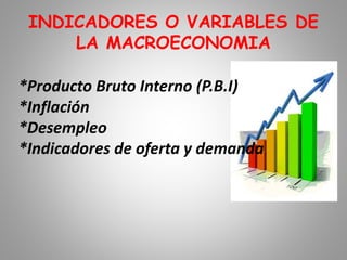 INDICADORES O VARIABLES DE
LA MACROECONOMIA
*Producto Bruto Interno (P.B.I)
*Inflación
*Desempleo
*Indicadores de oferta y demanda
 