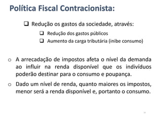  Redução os gastos da sociedade, através:
 Redução dos gastos públicos
 Aumento da carga tributária (inibe consumo)
o A arrecadação de impostos afeta o nível da demanda
ao influir na renda disponível que os indivíduos
poderão destinar para o consumo e poupança.
o Dado um nível de renda, quanto maiores os impostos,
menor será a renda disponível e, portanto o consumo.
Política Fiscal Contracionista:
14
 