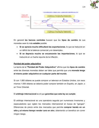129
En general los bancos centrales buscan que los tipos de cambio de sus
monedas sean lo más estable posible:
 Si se aprecia mucho dificultará las exportaciones, lo que se traducirá en
un déficit de la balanza comercial y en desempleo.
 Si se deprecia mucho se encarecerán las importaciones, lo que se
traducirá en un fuerte repunte de la inflación.
Paridad del poder adquisitivo
La teoría de la "Paridad del Poder Adquisitivo" afirma que los tipos de cambio
entre las diversas monedas deben ser tales que permita que una moneda tenga
el mismo poder adquisitivo en cualquier parte del mundo.
Si con 1.000 dólares se puede comprar un televisor en Estados Unidos, con esos
mismos 1.000 dólares se debería poder comprar también en España, en Japón, o
en Timor Oriental.
El arbitraje internacional es el que garantiza que esta ley se cumpla:
El arbitraje internacional es una operatoria seguida por numerosos inversores y
especuladores que vigilan los mercados internacional en busca de "gangas":
Diferencias de precio entre dos mercados que permita comprar barato en un
sitio y al mismo tiempo vender caro en otro, obteniendo un beneficio sin correr
ningún riesgo.
 