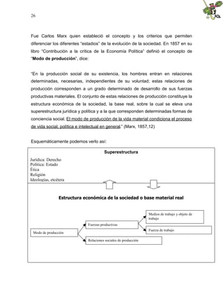 26
Fue Carlos Marx quien estableció el concepto y los criterios que permiten
diferenciar los diferentes “estadios” de la evolución de la sociedad. En 1857 en su
libro “Contribución a la crítica de la Economía Política” definió el concepto de
“Modo de producción”, dice:
“En la producción social de su existencia, los hombres entran en relaciones
determinadas, necesarias, independientes de su voluntad; estas relaciones de
producción corresponden a un grado determinado de desarrollo de sus fuerzas
productivas materiales. El conjunto de estas relaciones de producción constituye la
estructura económica de la sociedad, la base real, sobre la cual se eleva una
superestructura jurídica y política y a la que corresponden determinadas formas de
conciencia social. El modo de producción de la vida material condiciona el proceso
de vida social, política e intelectual en general.” (Marx, 1857,12)
Esquemáticamente podemos verlo así:
Estructura económica de la sociedad o base material real
Modo de producción
Fuerzas productivas
Relaciones sociales de producción
Medios de trabajo y objeto de
trabajo
Fuerza de trabajo
Superestructura
Jurídica: Derecho
Política: Estado
Ética
Religión
Ideologías, etcétera
 