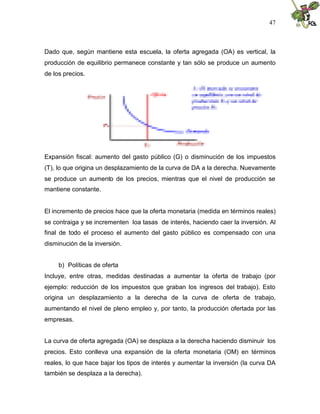 47
Dado que, según mantiene esta escuela, la oferta agregada (OA) es vertical, la
producción de equilibrio permanece constante y tan sólo se produce un aumento
de los precios.
Expansión fiscal: aumento del gasto público (G) o disminución de los impuestos
(T), lo que origina un desplazamiento de la curva de DA a la derecha. Nuevamente
se produce un aumento de los precios, mientras que el nivel de producción se
mantiene constante.
El incremento de precios hace que la oferta monetaria (medida en términos reales)
se contraiga y se incrementen loa tasas de interés, haciendo caer la inversión. Al
final de todo el proceso el aumento del gasto público es compensado con una
disminución de la inversión.
b) Políticas de oferta
Incluye, entre otras, medidas destinadas a aumentar la oferta de trabajo (por
ejemplo: reducción de los impuestos que graban los ingresos del trabajo). Esto
origina un desplazamiento a la derecha de la curva de oferta de trabajo,
aumentando el nivel de pleno empleo y, por tanto, la producción ofertada por las
empresas.
La curva de oferta agregada (OA) se desplaza a la derecha haciendo disminuir los
precios. Esto conlleva una expansión de la oferta monetaria (OM) en términos
reales, lo que hace bajar los tipos de interés y aumentar la inversión (la curva DA
también se desplaza a la derecha).
 
