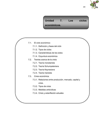 89
7.1. El ciclo económico
7.1.1. Definición y fases del ciclo
7.1.2. Tipos de ciclos
7.1.3. Características de los ciclos
7.1.4. Coyuntura económica
7.2. Teorias acerca de la crisis
7.2.1. Teoría monetarista
7.2.2. Teoría Schumpeteriana
7.2.3. Teoría Keynesiana
7.2.4. Teoria marxista
7.3. Crisis económica
7.3.1. Relaciones entre producción, mercado, capital y
crisis.
7.3.2. Tipos de crisis
7.3.3. Medidas anticíclicas
7.3.4. Crisis y estanflación actuales
Unidad 7. Los ciclos
económicos.
 