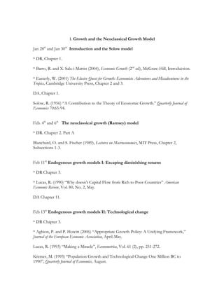 I. Growth and the Neoclassical Growth Model
Jan 28th
and Jan 30th
Introduction and the Solow model
* DR, Chapter 1.
* Barro, R. and X. Sala-i-Martin (2004), Economic Growth (2nd
ed), McGraw-Hill, Introduction.
* Easterly, W. (2001) The Elusive Quest for Growth: Economists Adventures and Misadventures in the
Tropics, Cambridge University Press, Chapter 2 and 3.
DA, Chapter 1.
Solow, R. (1956) “A Contribution to the Theory of Economic Growth.” Quarterly Journal of
Economics 70:65-94.
Feb. 4th
and 6th
The neoclassical growth (Ramsey) model
* DR. Chapter 2. Part A
Blanchard, O. and S. Fischer (1989), Lectures on Macroeconomics, MIT Press, Chapter 2,
Subsections 1-3.
Feb 11th
Endogenous growth models I: Escaping diminishing returns
* DR Chapter 3.
* Lucas, R. (1990) “Why doesn’t Capital Flow from Rich to Poor Countries” American
Economic Review, Vol. 80, No. 2, May.
DA Chapter 11.
Feb 13th
Endogenous growth models II: Technological change
* DR Chapter 3.
* Aghion, P. and P. Howitt (2006) “Appropriate Growth Policy: A Unifying Framework,”
Journal of the European Economic Association, April-May.
Lucas, R. (1993) “Making a Miracle”, Econometrica, Vol. 61 (2), pp. 251-272.
Kremer, M. (1993) “Population Growth and Technological Change One Million BC to
1990”, Quarterly Journal of Economics, August.
 