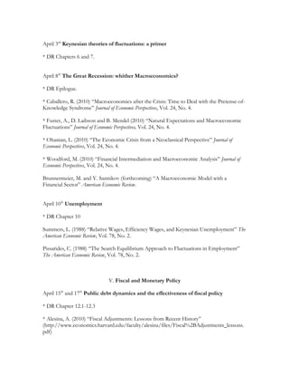 April 3rd
Keynesian theories of fluctuations: a primer
* DR Chapters 6 and 7.
April 8th
The Great Recession: whither Macroeconomics?
* DR Epilogue.
* Caballero, R. (2010) “Macroeconomics after the Crisis: Time to Deal with the Pretense-of-
Knowledge Syndrome” Journal of Economic Perspectives, Vol. 24, No. 4.
* Fuster, A., D. Laibson and B. Mendel (2010) “Natural Expectations and Macroeconomic
Fluctuations” Journal of Economic Perspectives, Vol. 24, No. 4.
* Ohanian, L. (2010) “The Economic Crisis from a Neoclassical Perspective” Journal of
Economic Perspectives, Vol. 24, No. 4.
* Woodford, M. (2010) “Financial Intermediation and Macroeconomic Analysis” Journal of
Economic Perspectives, Vol. 24, No. 4.
Brunnermeier, M. and Y. Sannikov (forthcoming) “A Macroeconomic Model with a
Financial Sector” American Economic Review.
April 10th
Unemployment
* DR Chapter 10
Summers, L. (1988) “Relative Wages, Efficiency Wages, and Keynesian Unemployment” The
American Economic Review, Vol. 78, No. 2.
Pissarides, C. (1988) “The Search Equilibrium Approach to Fluctuations in Employment”
The American Economic Review, Vol. 78, No. 2.
V. Fiscal and Monetary Policy
April 15th
and 17th
Public debt dynamics and the effectiveness of fiscal policy
* DR Chapter 12.1-12.3
* Alesina, A. (2010) “Fiscal Adjustments: Lessons from Recent History”
(http://www.economics.harvard.edu/faculty/alesina/files/Fiscal%2BAdjustments_lessons.
pdf)
 