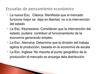  La nueva Esc. Clásica: Manifiesta que el mercado
funciona mejor se deja en libertad, no a la intervención
del estado
 La Esc. Keynesiana: Consideran que la intervención del
estado, pudiera contribuir al funcionamiento de la
economía generando empleo
 La Esc. Alemana: Determina que la división del trabajo
agiliza la producción, basada en la economía de escala
 La Esc. Inglesa: No importa el punto geográfico de la
producción el mercado se encarga dela distribución
 