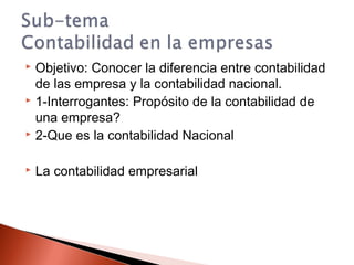  Objetivo: Conocer la diferencia entre contabilidad
de las empresa y la contabilidad nacional.
 1-Interrogantes: Propósito de la contabilidad de
una empresa?
 2-Que es la contabilidad Nacional
 La contabilidad empresarial
 
