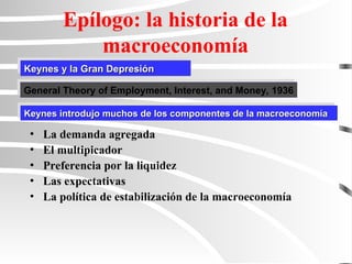 Keynes y la Gran Depresión
Keynes y la Gran Depresión
Epílogo: la historia de la
macroeconomía
Keynes introdujo muchos de los componentes de la macroeconomía
Keynes introdujo muchos de los componentes de la macroeconomía
• La demanda agregada
• El multipicador
• Preferencia por la liquidez
• Las expectativas
• La política de estabilización de la macroeconomía
General Theory of Employment, Interest, and Money, 1936
 