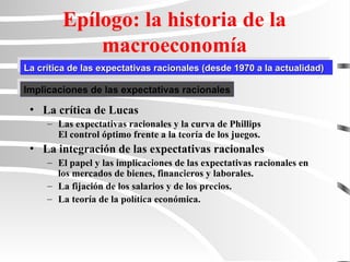 La crítica de las expectativas racionales (desde 1970 a la actualidad)
La crítica de las expectativas racionales (desde 1970 a la actualidad)
Epílogo: la historia de la
macroeconomía
• La crítica de Lucas
– Las expectativas racionales y la curva de Phillips
El control óptimo frente a la teoría de los juegos.
• La integración de las expectativas racionales
– El papel y las implicaciones de las expectativas racionales en
los mercados de bienes, financieros y laborales.
– La fijación de los salarios y de los precios.
– La teoría de la política económica.
Implicaciones de las expectativas racionales
 