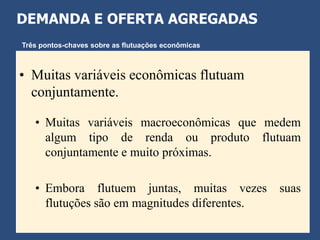DEMANDA E OFERTA AGREGADAS
Três pontos-chaves sobre as flutuações econômicas



• Muitas variáveis econômicas flutuam
  conjuntamente.

   • Muitas variáveis macroeconômicas que medem
     algum tipo de renda ou produto flutuam
     conjuntamente e muito próximas.

   • Embora flutuem juntas, muitas vezes            suas
     flutuções são em magnitudes diferentes.
 