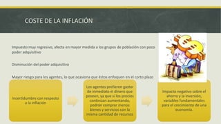 COSTE DE LA INFLACIÓN
Disminución del poder adquisitivo
Mayor riesgo para los agentes, lo que ocasiona que éstos enfoquen en el corto plazo
Incertidumbre con respecto
a la inflación
Los agentes prefieren gastar
de inmediato el dinero que
poseen, ya que si los precios
continúan aumentando,
podrán comprar menos
bienes y servicios con la
misma cantidad de recursos
Impacto negativo sobre el
ahorro y la inversión,
variables fundamentales
para el crecimiento de una
economía.
Impuesto muy regresivo, afecta en mayor medida a los grupos de población con poco
poder adquisitivo
 