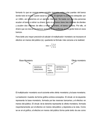 formaría lo que se conoce como corralito bancario, colas a las puertas del banco
donde todo el mundo quiere sacar su dinero. El ejemplo lo podemos extrapolar por
un millón, así estaremos en un ejemplo más real. No basta con que dos personas
acudan al banco a retirar su dinero, pero si un banco tiene tres millones de clientes
y acuden dos millones de ellos a retirar su dinero, el banco quiebra. Por ello, el
dinero que se crea en los bancos se basa en la confianza que la gente tiene en esos
bancos.
Para darle una mayor precisión al calcular el multiplicador monetario se incorpora el
efectivo en manos del público (e), quedando la fórmula más cercana a la realidad:
𝑚𝑚 =
1 + 𝑒
𝑐 + 𝑒
Base Monetaria Oferta monetaria
El multiplicador monetario es el cociente entre oferta monetaria y la base monetaria.
La ilustración muestra de forma gráfica ambos conceptos. El círculo en la izquierda
representa la base monetaria, formada por las reservas bancarias y el efectivo en
manos del público. El círculo de la derecha representa la oferta monetaria, formada
mayoritariamente por el efectivo en manos del público y depósitos a la vista. Como
se ve en el gráfico, el efectivo en manos del público forma parte tanto de una como
RESERVAS
BANCARIAS.
DEPÓSITOSA
LA VISTA.
Efecto
en
mano
público.
 