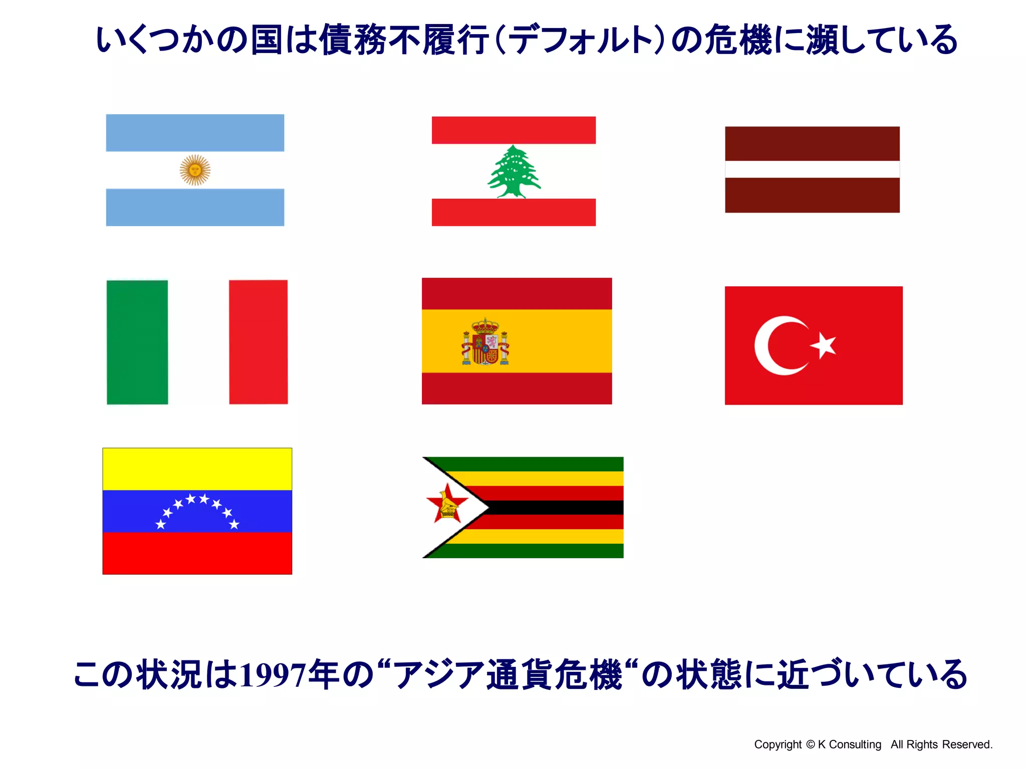 Copyright © K Consulting All Rights Reserved.
いくつかの国は債務不履行（デフォルト）の危機に瀕している
この状況は1997年の“アジア通貨危機“の状態に近づいている
 