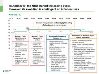 9
In April 2019, the NBU started the easing cycle.
However, its evolution is contingent on inflation risks
17.5
18.0
18.0 18.0 18.0 18.0
17.5
17.5
12
13
14
15
16
17
18
19
20
21
07.18 08.18 09.18 10.18 11.18 12.18 01.19 02.19 03.19 04.19 05.19 06.19
Key rate, %
Monetary Policy stance is sufficiently tight to bring
inflation back to its mid-term target
Monetary Policy
tightening as a
reaction to:
 higher-than-
expected domestic
demand
 less interest on the
side of investors in
Ukrainian
sovereign debt
 inflation
expectations that
continue to exceed
the NBU’s inflation
targets
Monetary Policy
tightening in
order:
 to neutralize
increase in
external risks:
 higher pressure
on the
currencies of
developing
economies due
to capital outflow
 escalation of
large-scale trade
conflicts
Monetary Policy easing
because of:
Postponing of Monetary Policy
easing because of:
 steadily declining of
inflation towards the target
of 5%;
 benign situation on the
financial market;
 improving inflation
expectations;
 other factors behind the
further decline in inflation:
• slower growth in wages;
• hryvnia appreciation;
• lower global prices for
natural gas;
• larger supply of both
domestic and imported
food products
 signs of higher-than-expected
domestic demand
 raised threats to financial stability
due to:
• speculative information about
external public debt in the media;
• delay of the IMF financial support;
• current court proceedings
(PrivatBank)
 external risks that remain relevant:
• global recession and lower
commodity prices;
• escalation of trade conflicts;
• uncertainty over the volume of gas
transit through Ukraine;
• military conflict development and
new trade restrictions introduced
by Russia
 