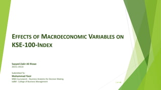 1 of 08
EFFECTS OF MACROECONOMIC VARIABLES ON
KSE-100-INDEX
Sayyed Zakir Ali Rizwe
20151-19131
Submitted To:
Muhammad Yasir
MBA Coursework – Business Analytics for Decision Making
IoBM - College of Business Management
 
