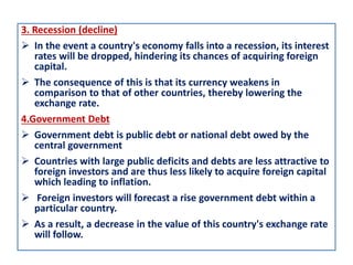 3. Recession (decline)
 In the event a country's economy falls into a recession, its interest
rates will be dropped, hindering its chances of acquiring foreign
capital.
 The consequence of this is that its currency weakens in
comparison to that of other countries, thereby lowering the
exchange rate.
4.Government Debt
 Government debt is public debt or national debt owed by the
central government
 Countries with large public deficits and debts are less attractive to
foreign investors and are thus less likely to acquire foreign capital
which leading to inflation.
 Foreign investors will forecast a rise government debt within a
particular country.
 As a result, a decrease in the value of this country's exchange rate
will follow.
 