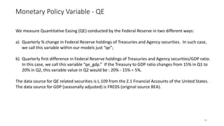 Monetary Policy Variable - QE
10
We measure Quantitative Easing (QE) conducted by the Federal Reserve in two different ways:
a) Quarterly % change in Federal Reserve holdings of Treasuries and Agency securities. In such case,
we call this variable within our models just “qe”;
b) Quarterly first difference in Federal Reserve holdings of Treasuries and Agency securities/GDP ratio.
In this case, we call this variable “qe_gdp.” If the Treasury to GDP ratio changes from 15% in Q1 to
20% in Q2, this variable value in Q2 would be : 20% - 15% = 5%.
The data source for QE related securities is L.109 from the Z.1 Financial Accounts of the United States.
The data source for GDP (seasonally adjusted) is FREDS (original source BEA).
 